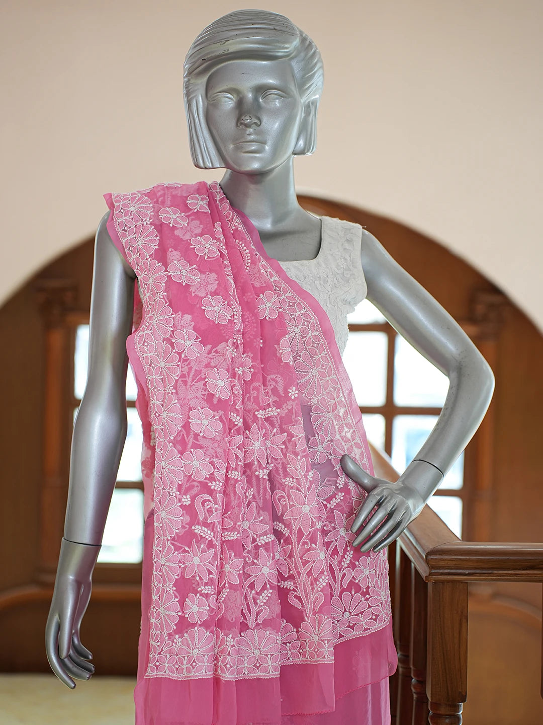 Ada Hand Embroidered Onion Pink Georgette Lucknowi Chikankari Saree and Blouse 01A773289