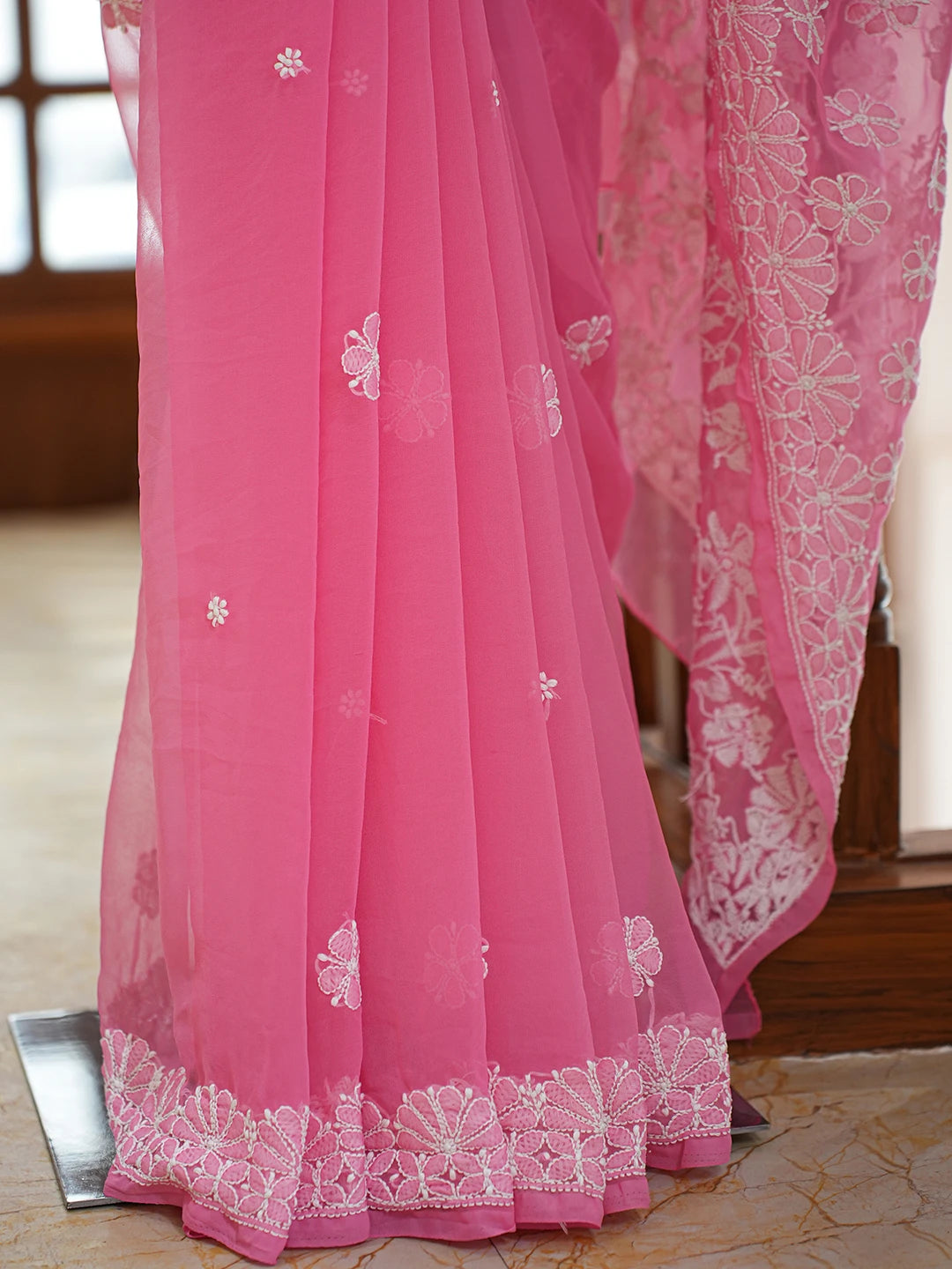 Ada Hand Embroidered Onion Pink Georgette Lucknowi Chikankari Saree and Blouse 01A773289