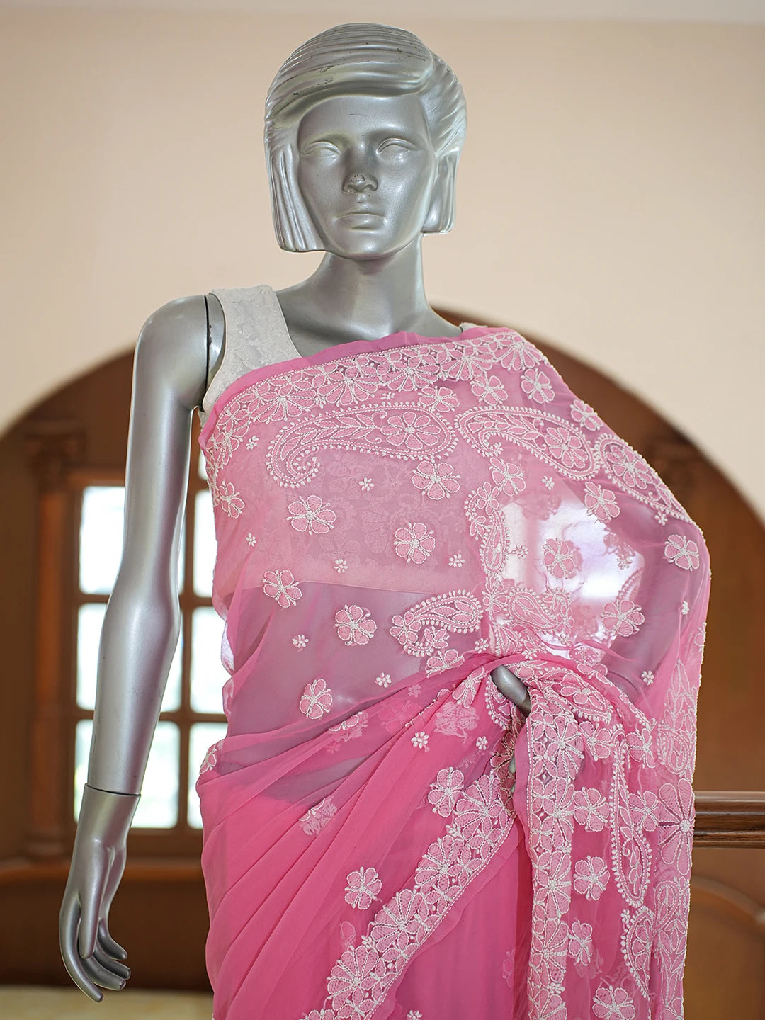 Ada Hand Embroidered Onion Pink Georgette Lucknowi Chikankari Saree and Blouse 01A773289