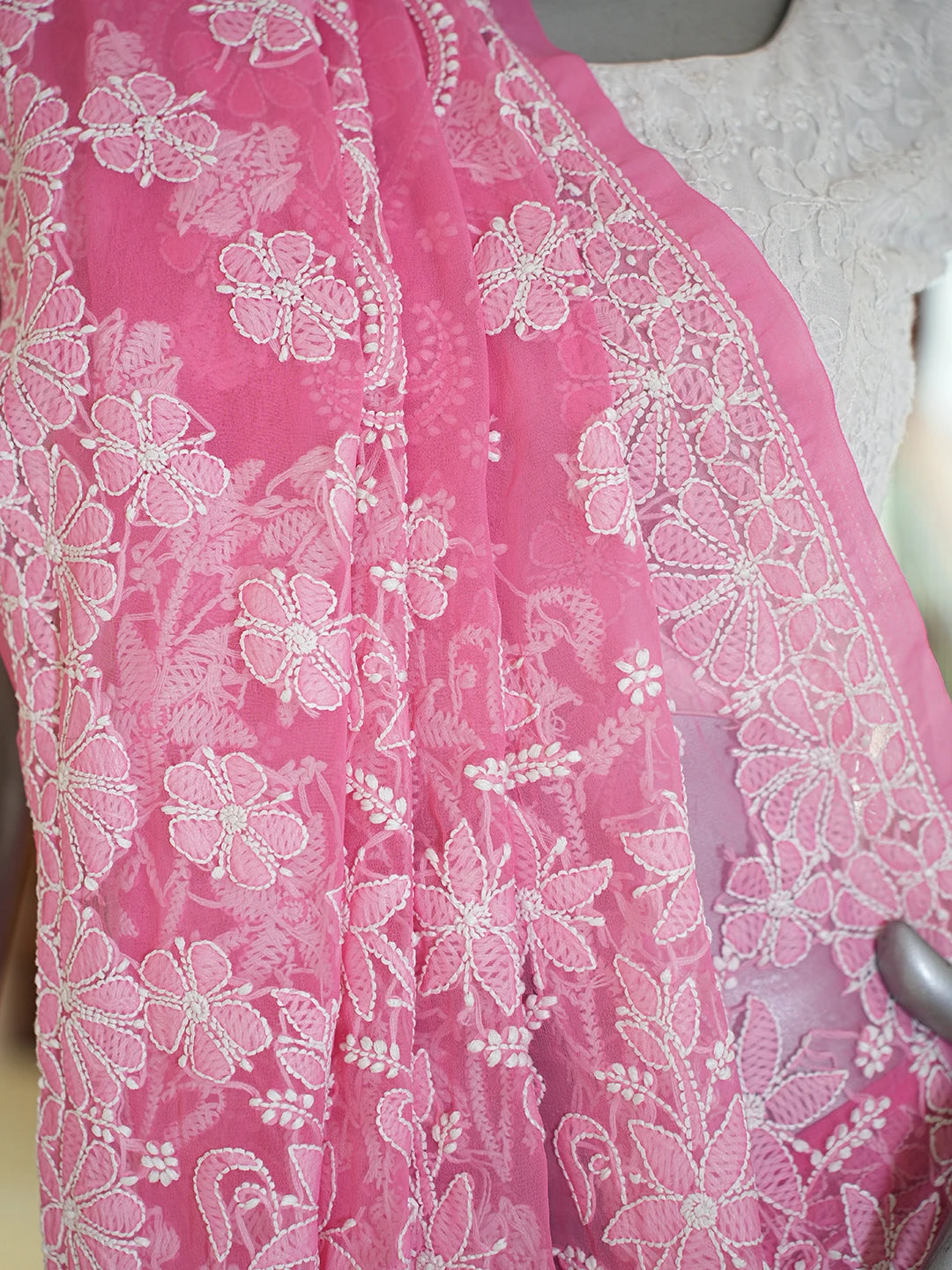Ada Hand Embroidered Onion Pink Georgette Lucknowi Chikankari Saree and Blouse 01A773289