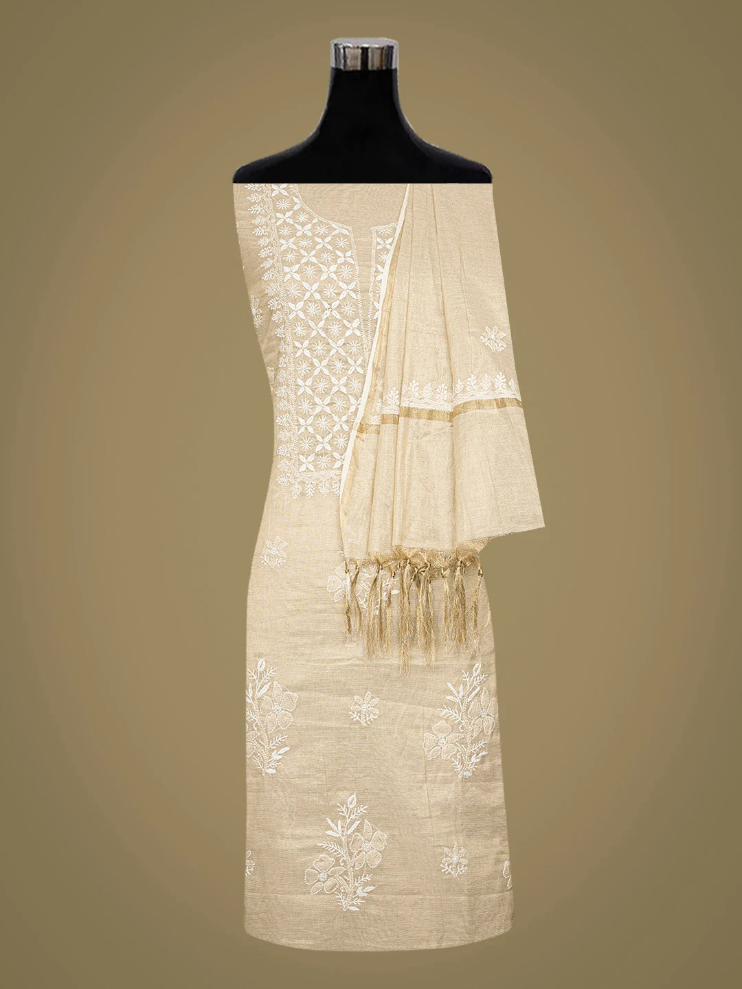 Ada Hand Embroidered Fawn Tissue Lucknowi Chikankari Unstitched Kurta Dupatta Set 01A788930
