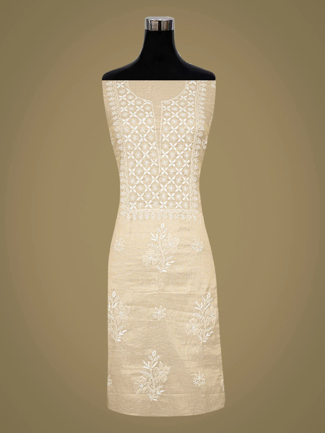 Ada Hand Embroidered Fawn Tissue Lucknowi Chikankari Unstitched Kurta Dupatta Set 01A788930