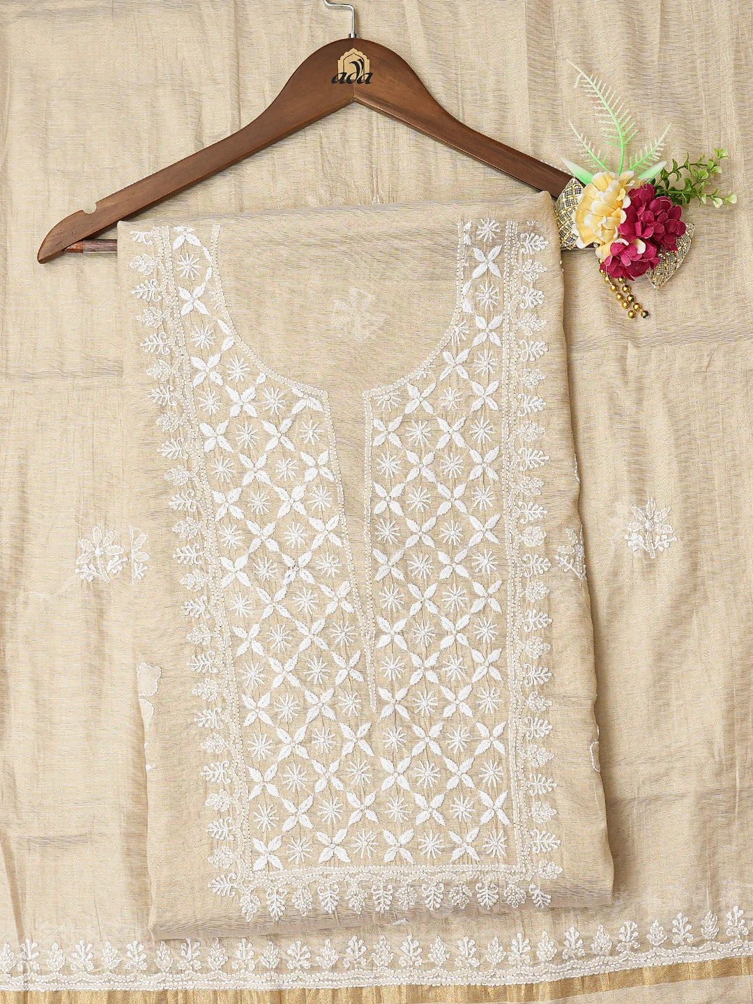 Ada Hand Embroidered Fawn Tissue Lucknowi Chikankari Unstitched Kurta Dupatta Set 01A788930
