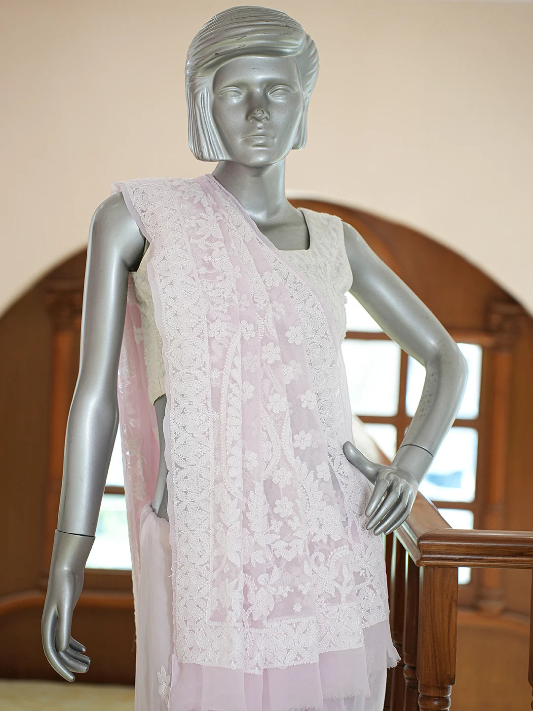 Ada Hand Embroidered Light Pink Georgette Lucknowi Chikankari Saree and Blouse 01A782770