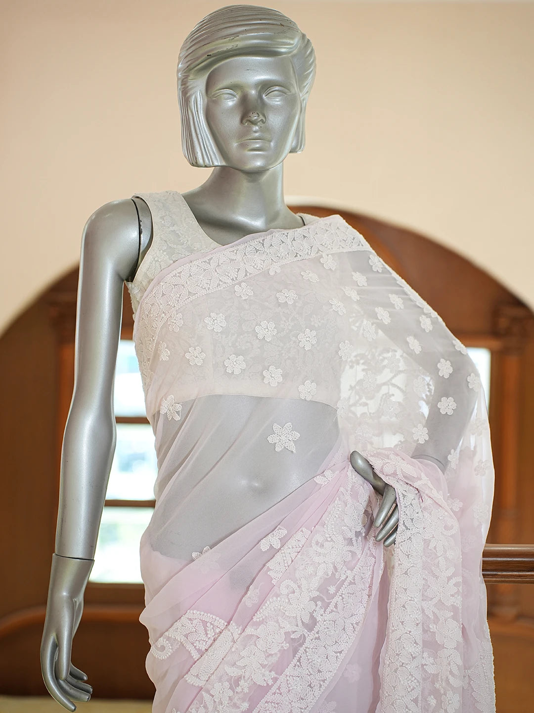 Ada Hand Embroidered Light Pink Georgette Lucknowi Chikankari Saree and Blouse 01A782770