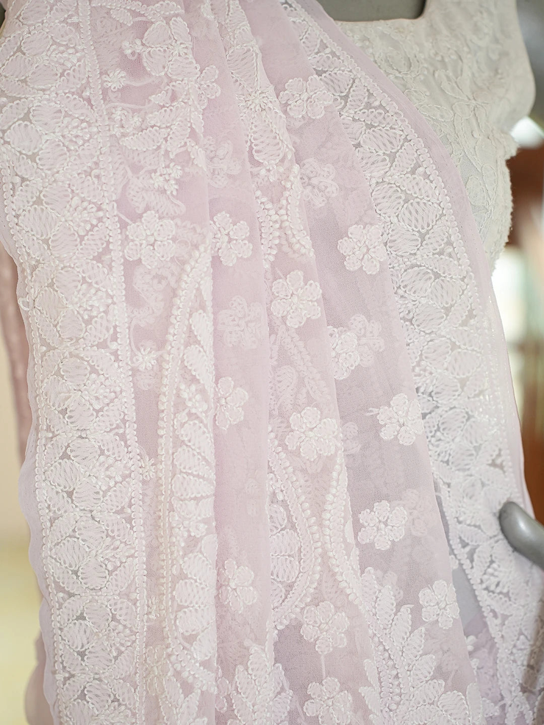 Ada Hand Embroidered Light Pink Georgette Lucknowi Chikankari Saree and Blouse 01A782770