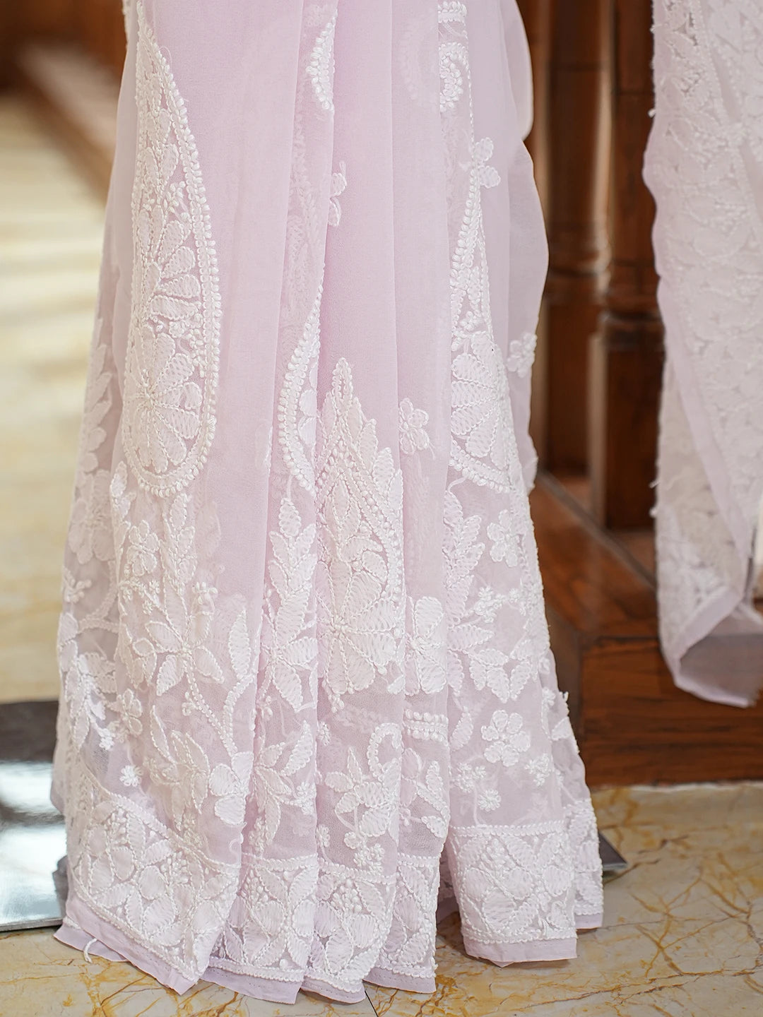 Ada Hand Embroidered Light Pink Georgette Lucknowi Chikankari Saree and Blouse 01A782770