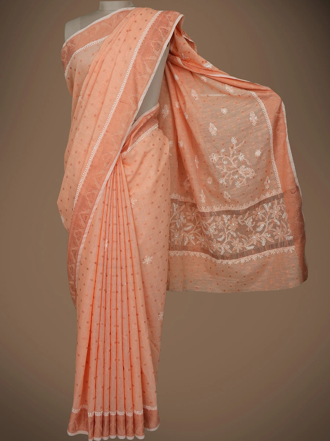 Ada Hand Embroidered Coral Orange Chanderi Lucknowi Chikankari Saree and Blouse 01A776751