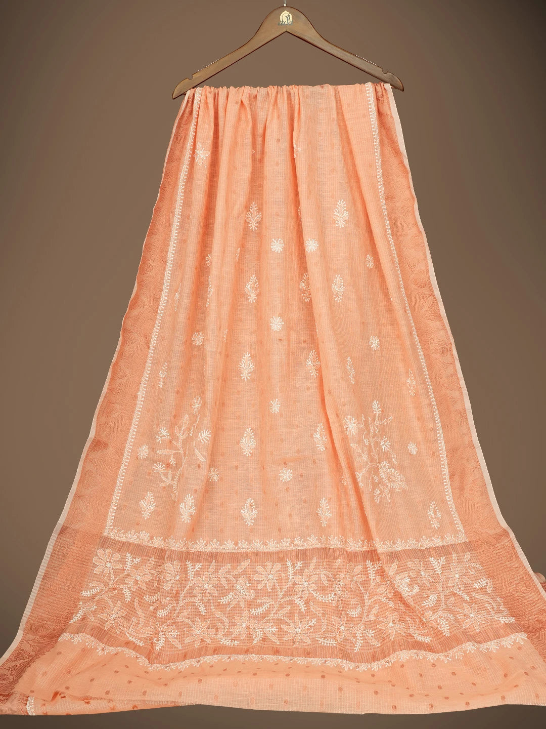 Ada Hand Embroidered Coral Orange Chanderi Lucknowi Chikankari Saree and Blouse 01A776751