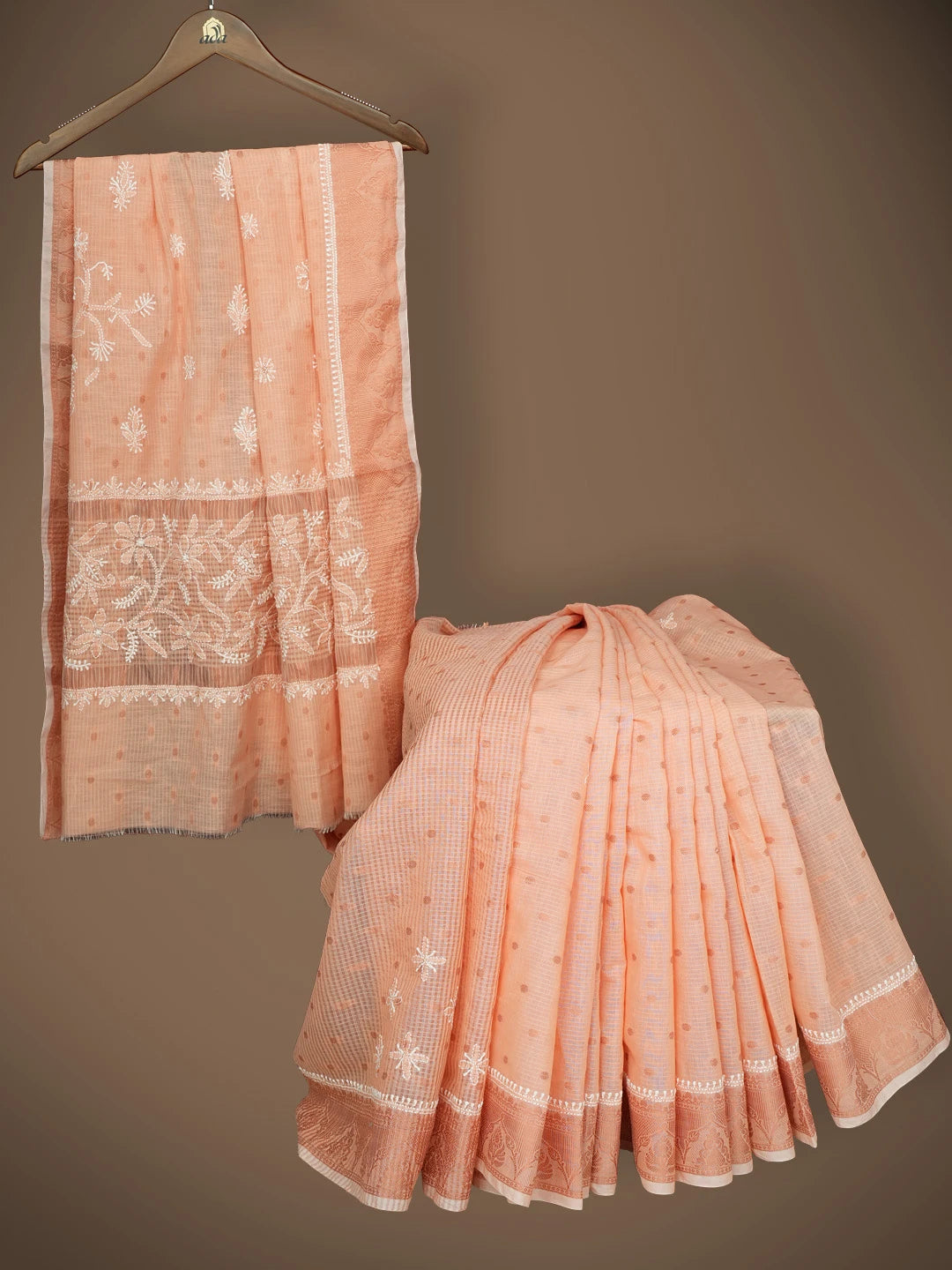 Ada Hand Embroidered Coral Orange Chanderi Lucknowi Chikankari Saree and Blouse 01A776751