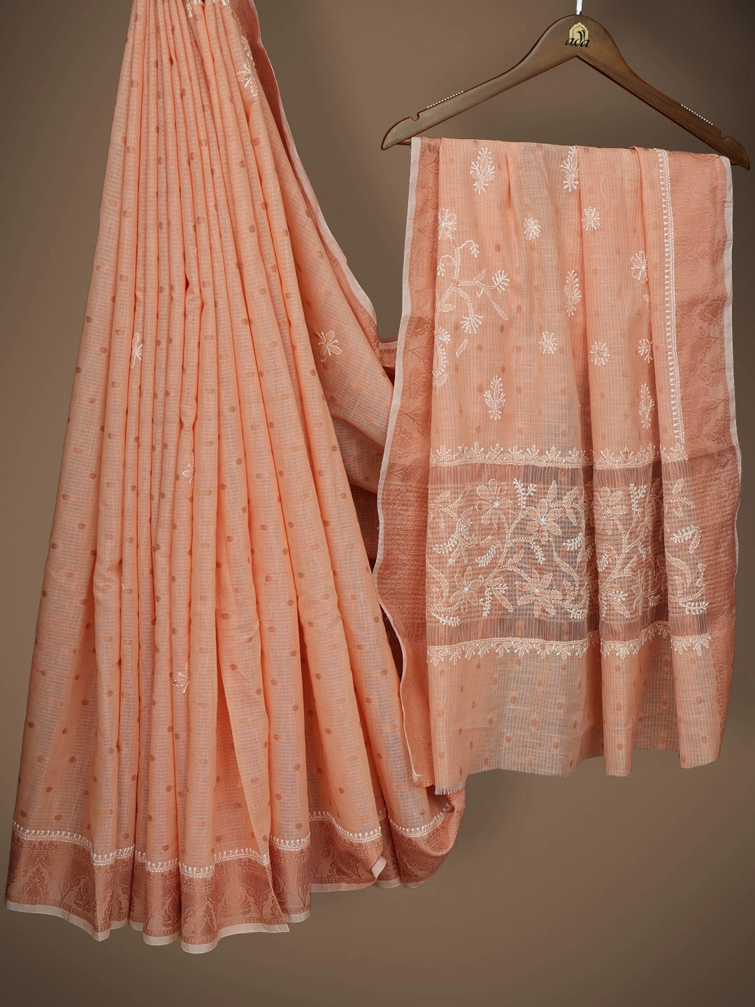 Ada Hand Embroidered Coral Orange Chanderi Lucknowi Chikankari Saree and Blouse 01A776751