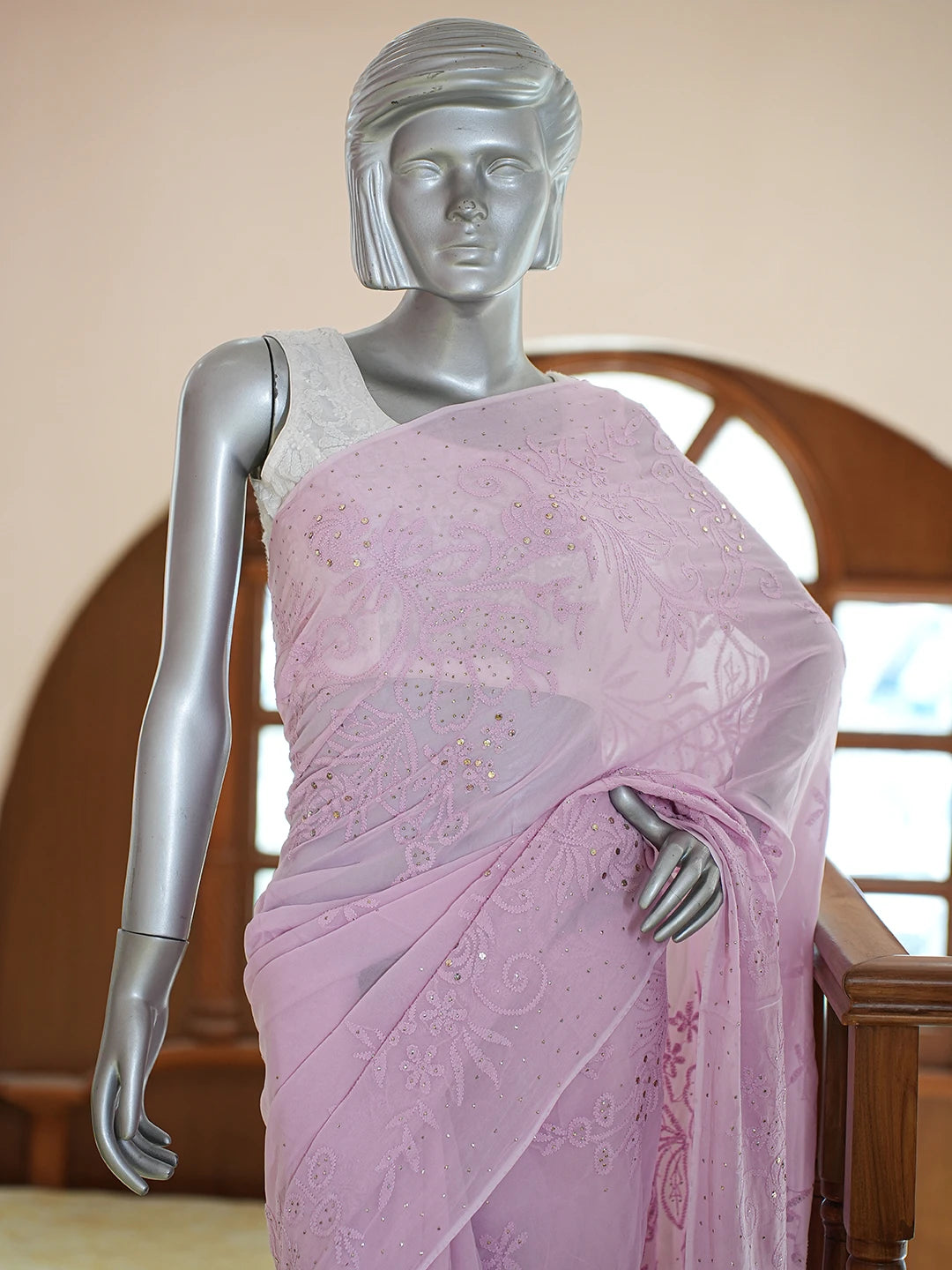 Ada Hand Embroidered Mauve Viscose Georgette Lucknowi Chikankari Saree and Blouse With Muqaish Work 01A761108