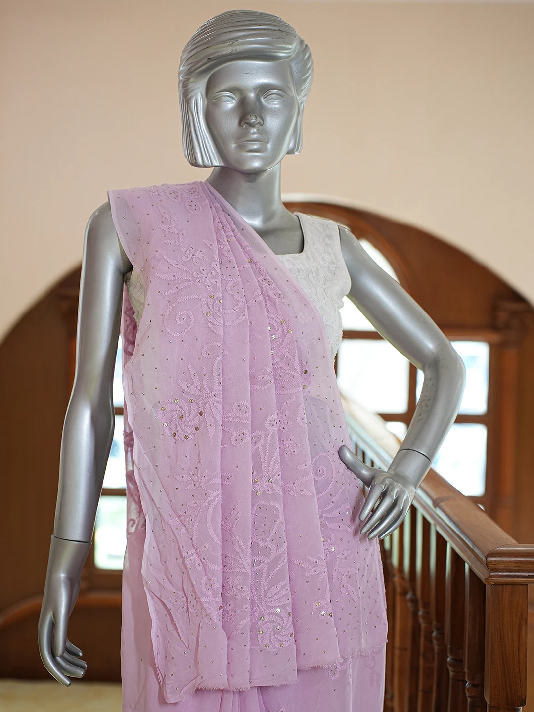 Ada Hand Embroidered Mauve Viscose Georgette Lucknowi Chikankari Saree and Blouse With Muqaish Work 01A761108