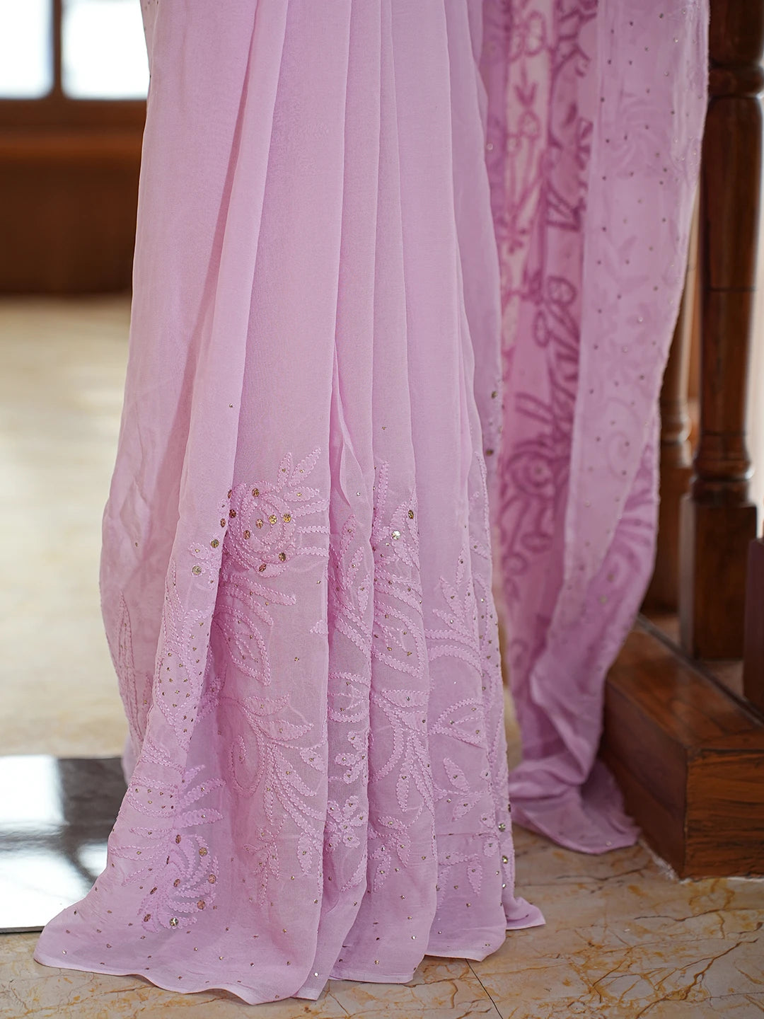Ada Hand Embroidered Mauve Viscose Georgette Lucknowi Chikankari Saree and Blouse With Muqaish Work 01A761108