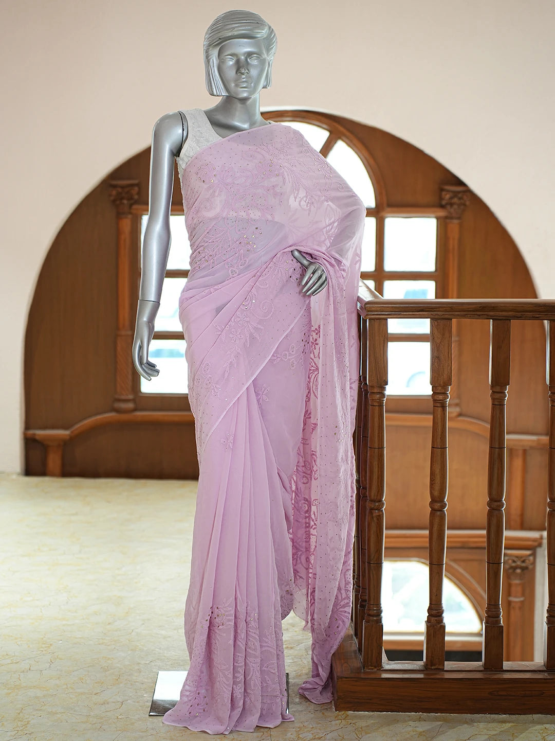 Ada Hand Embroidered Mauve Viscose Georgette Lucknowi Chikankari Saree and Blouse With Muqaish Work 01A761108