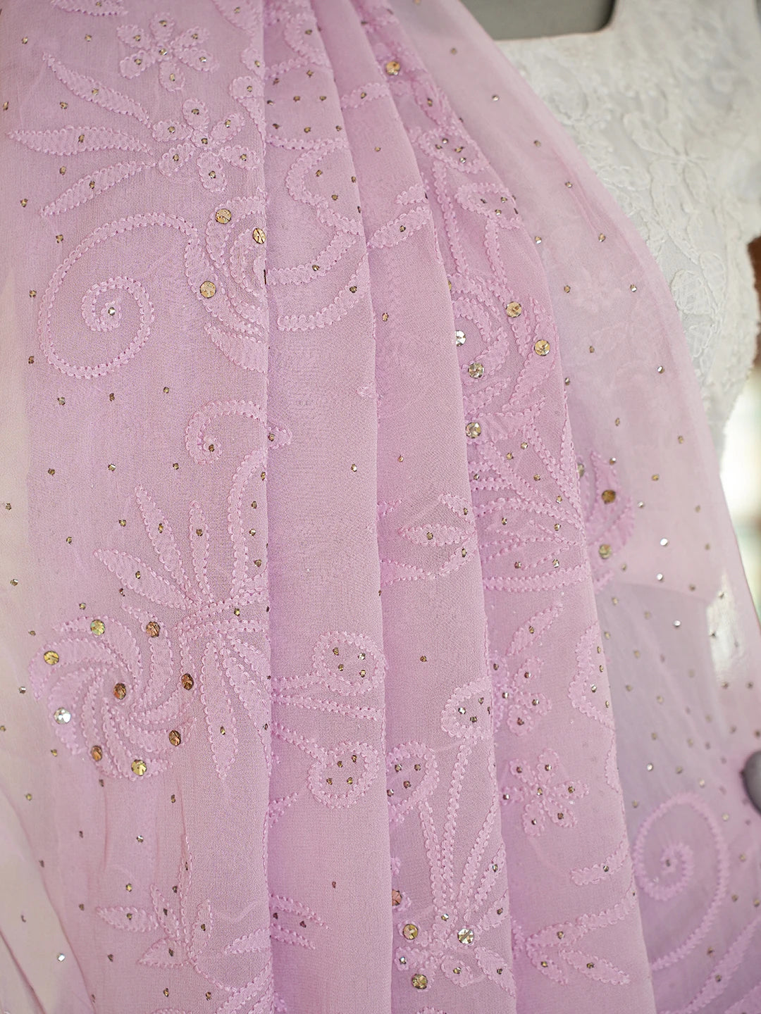 Ada Hand Embroidered Mauve Viscose Georgette Lucknowi Chikankari Saree and Blouse With Muqaish Work 01A761108