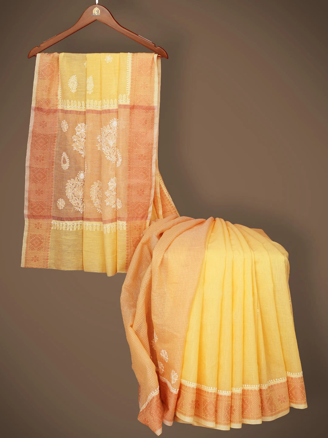 Ada Hand Embroidered Yellow Chanderi Lucknowi Chikankari Saree and Blouse 01A776742