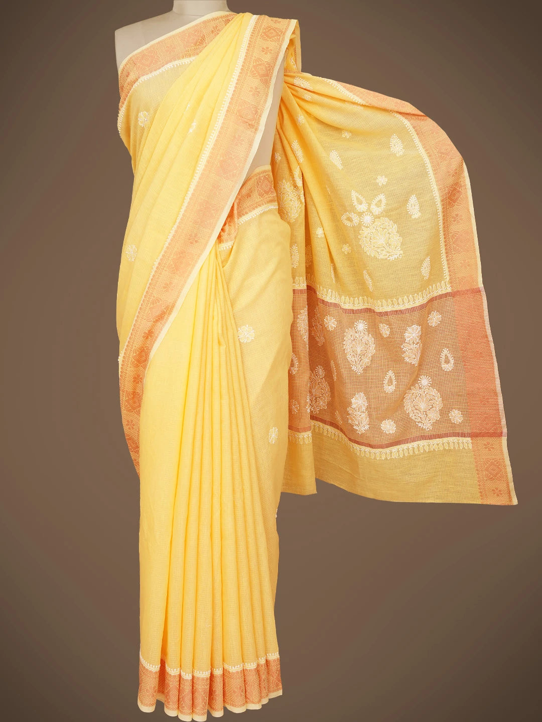 Ada Hand Embroidered Yellow Chanderi Lucknowi Chikankari Saree and Blouse 01A776742