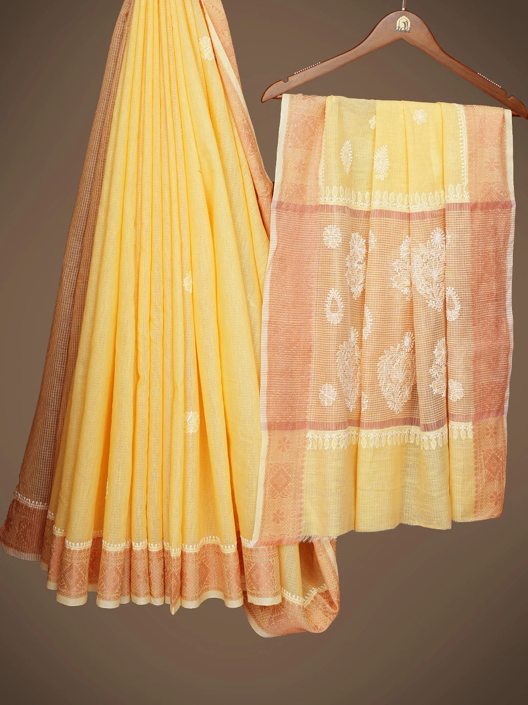 Ada Hand Embroidered Yellow Chanderi Lucknowi Chikankari Saree and Blouse 01A776742