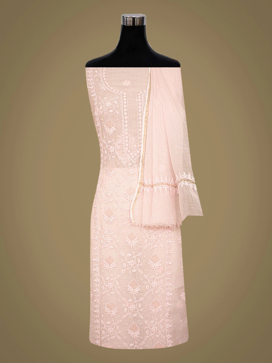 Ada Hand Embroidered Baby Pink Kota Lucknowi Chikankari Unstitched Kurta Dupatta Set With Cutdana Work 01A749510