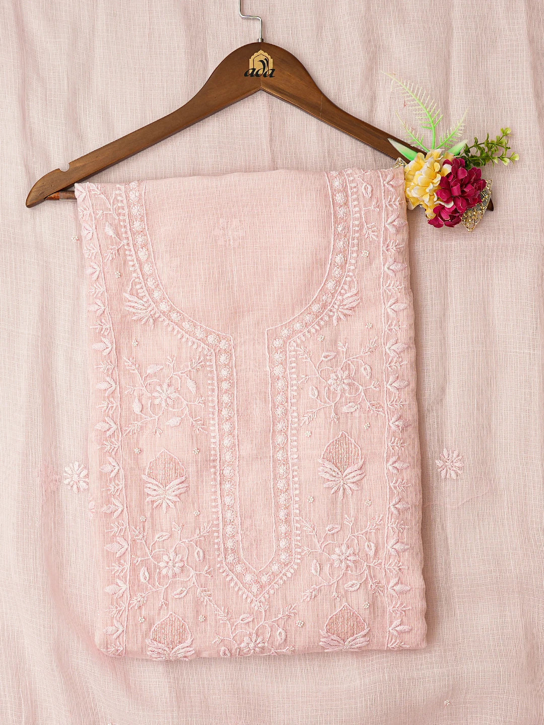 Ada Hand Embroidered Baby Pink Kota Lucknowi Chikankari Unstitched Kurta Dupatta Set With Cutdana Work 01A749510