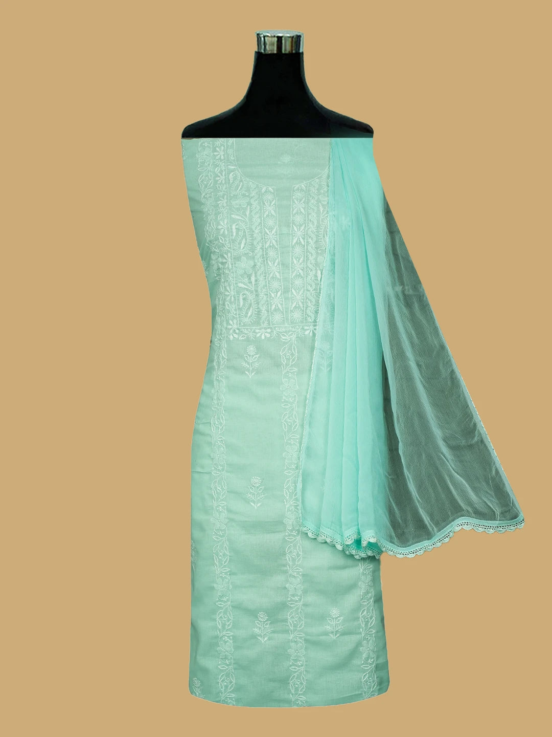 Ada Hand Embroidered Sea Green Cotton Lucknowi Chikankari Unstitched Suit Piece 01A773771