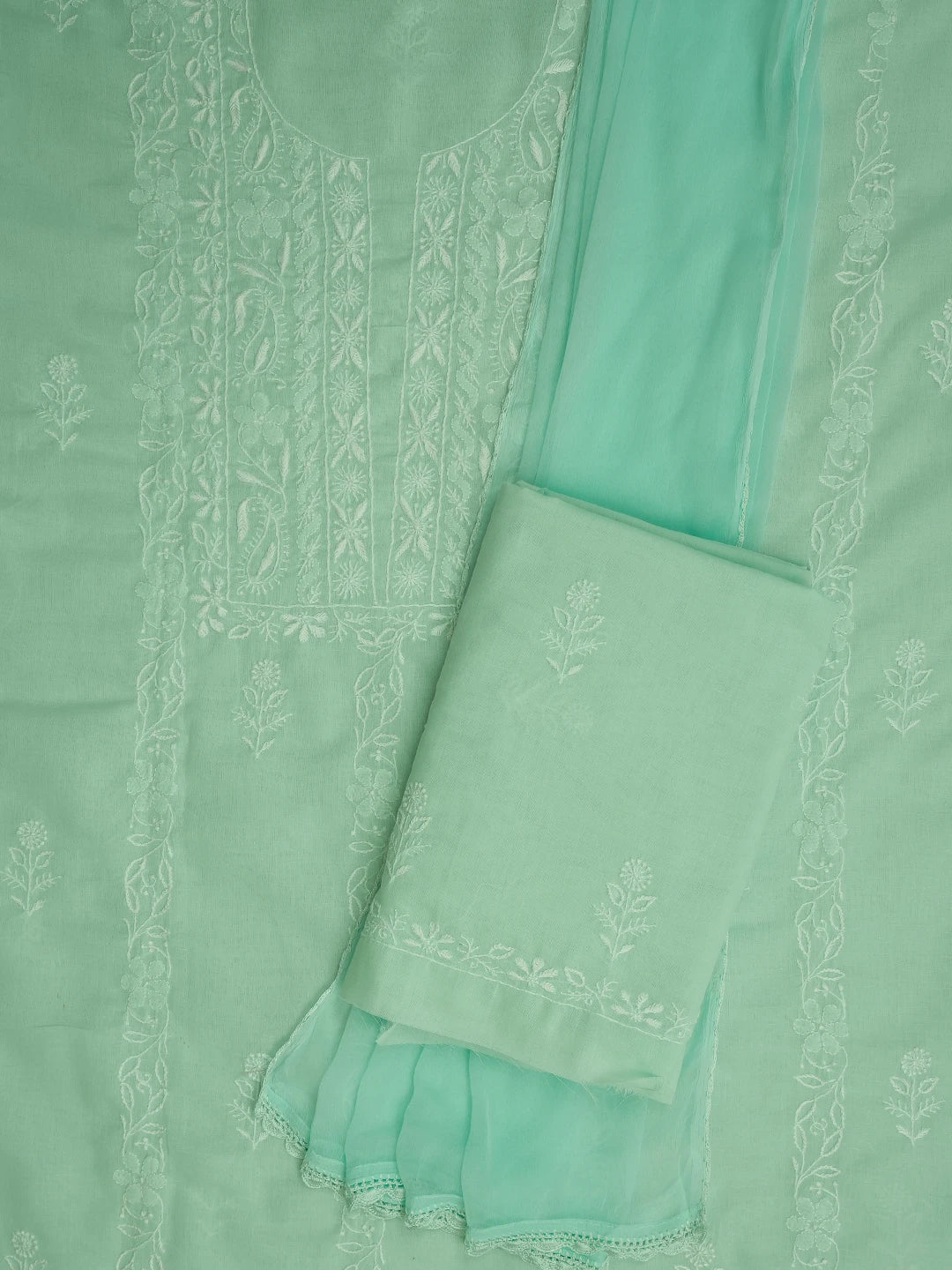 Ada Hand Embroidered Sea Green Cotton Lucknowi Chikankari Unstitched Suit Piece 01A773771