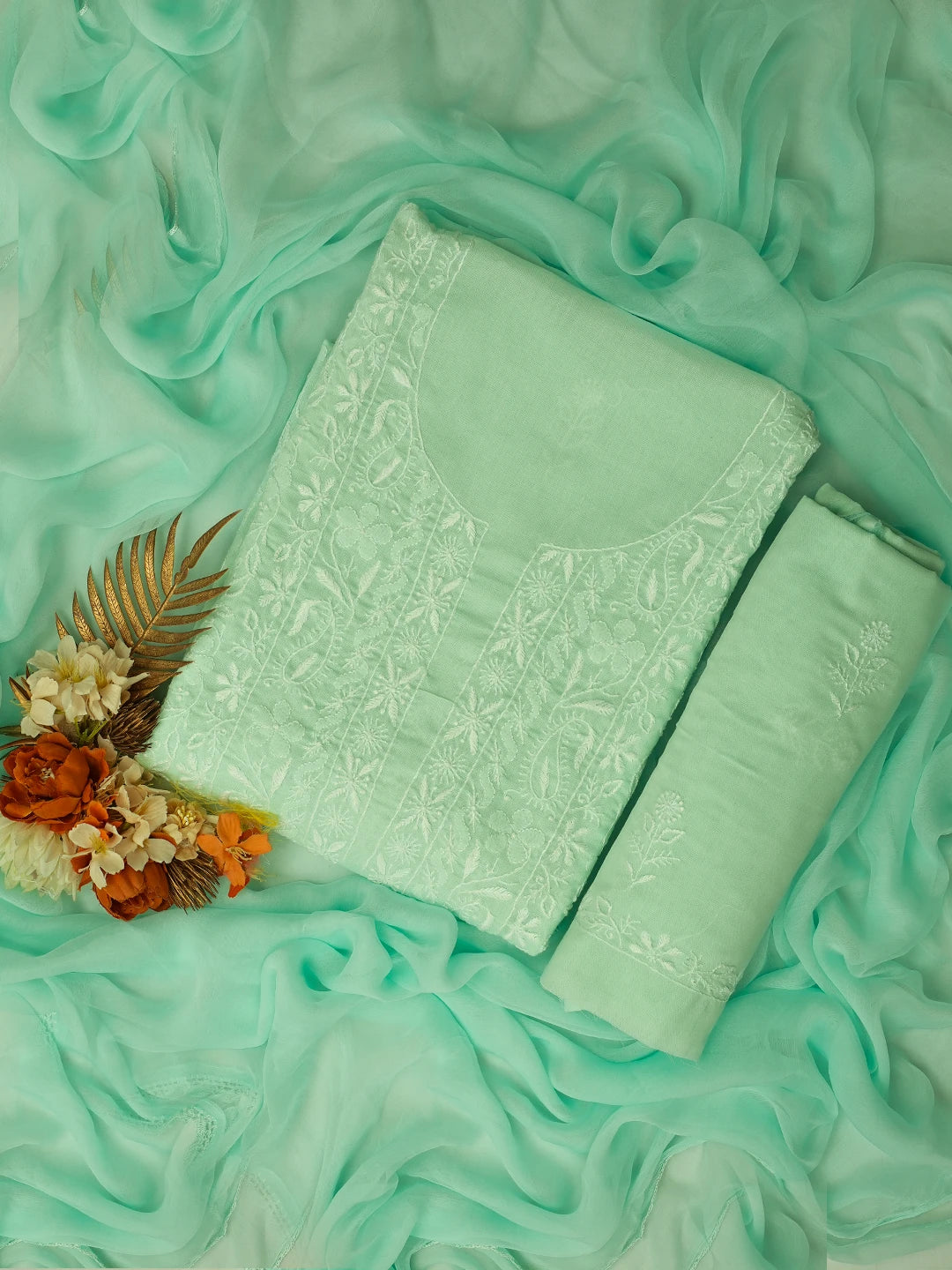 Ada Hand Embroidered Sea Green Cotton Lucknowi Chikankari Unstitched Suit Piece 01A773771