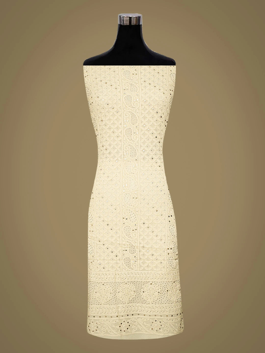 Ada Hand Embroidered Cream Viscose Georgette Lucknowi Chikankari Unstitched Kurta Dupatta Set With Mukaish Work 01A750403