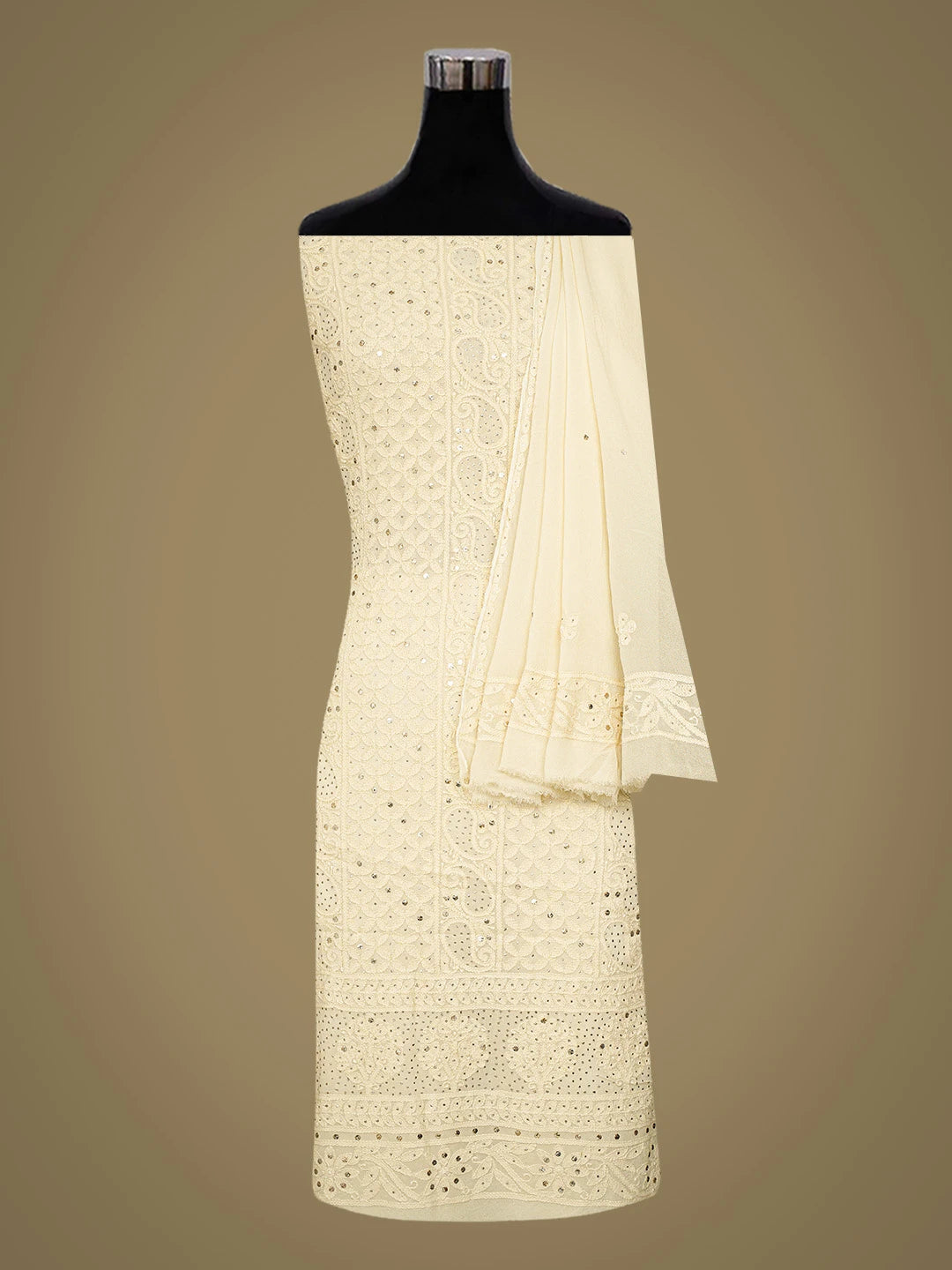 Ada Hand Embroidered Cream Viscose Georgette Lucknowi Chikankari Unstitched Kurta Dupatta Set With Mukaish Work 01A750403