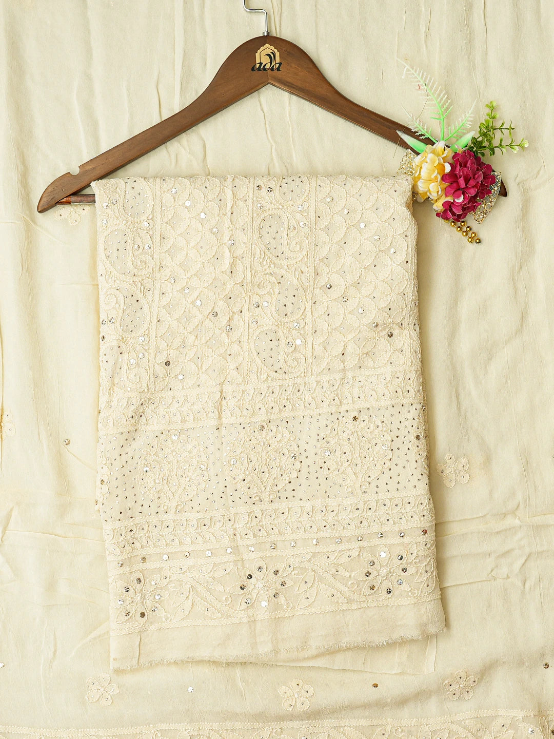 Ada Hand Embroidered Cream Viscose Georgette Lucknowi Chikankari Unstitched Kurta Dupatta Set With Mukaish Work 01A750403