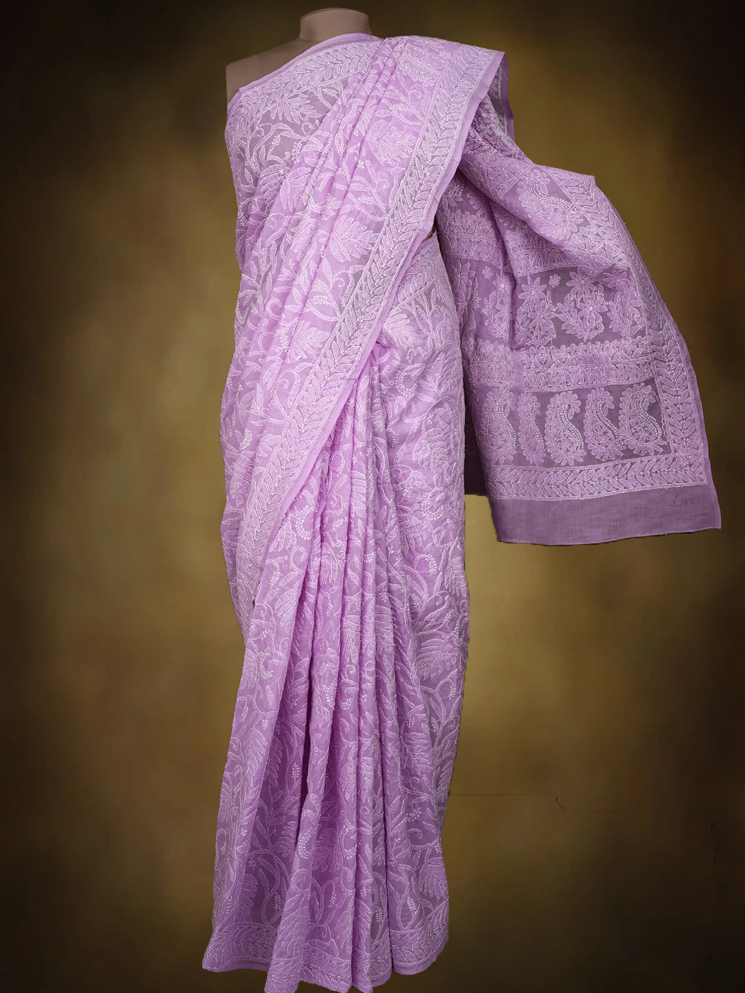 Ada Hand Embroidered Lavender Cotton Lucknowi Chikankari Saree and Blouse 01A785802
