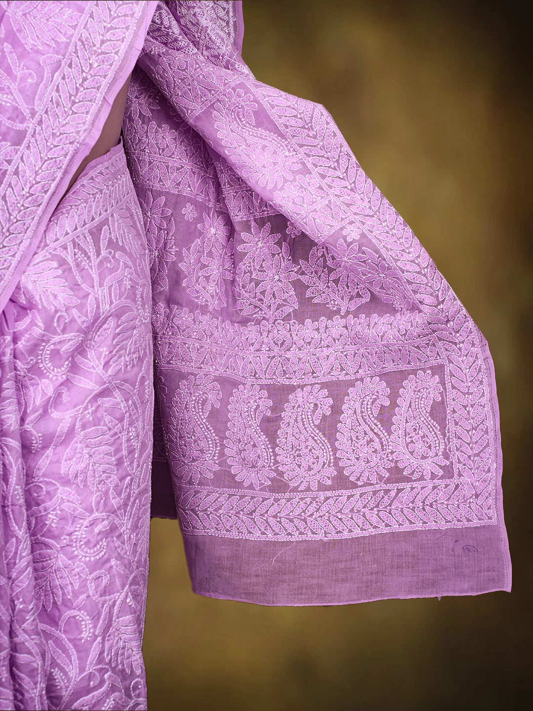 Ada Hand Embroidered Lavender Cotton Lucknowi Chikankari Saree and Blouse 01A785802