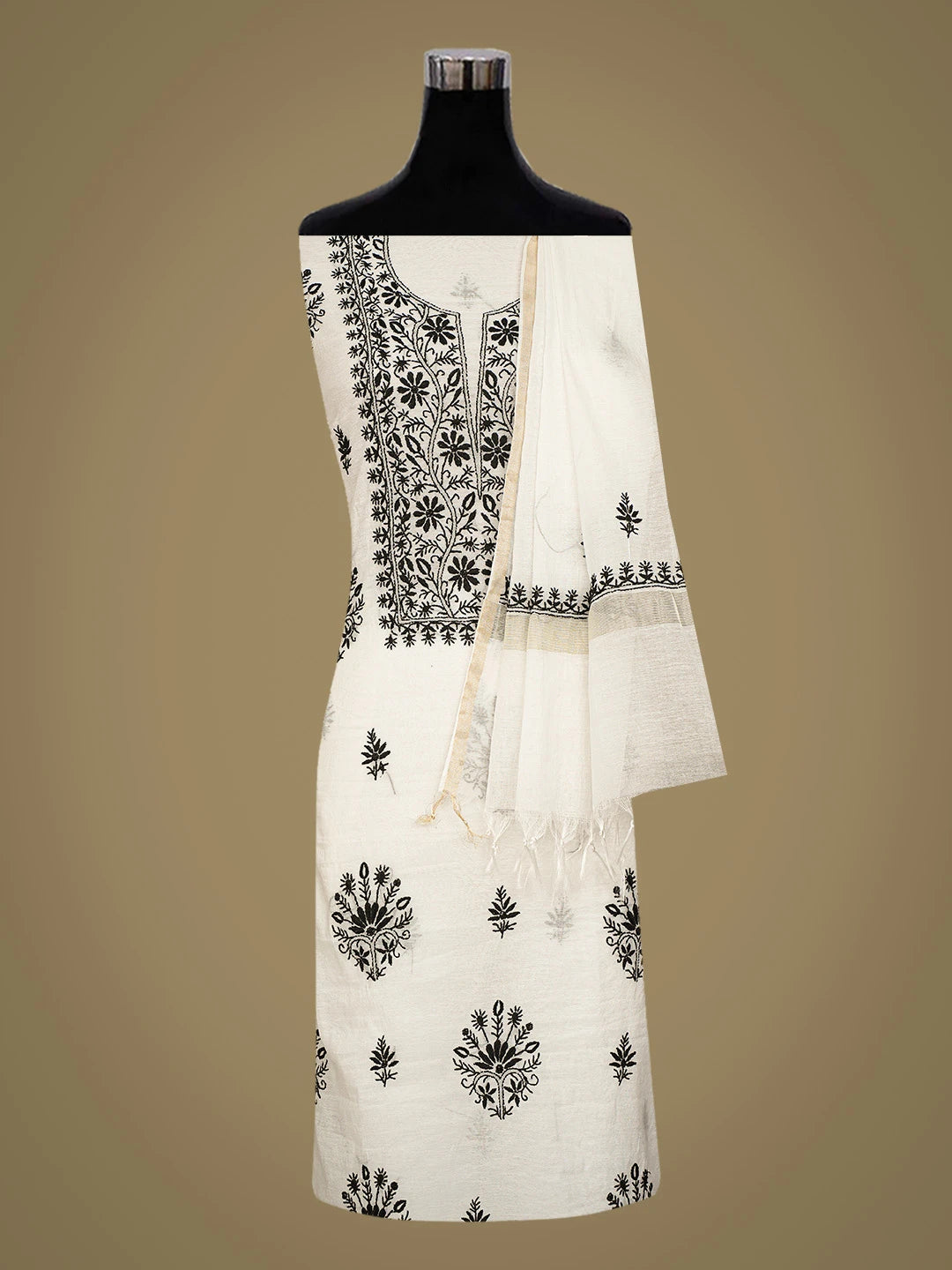 Ada Hand Embroidered White Chanderi Lucknowi Chikankari Unstitched Kurta Dupatta Set 01A789497