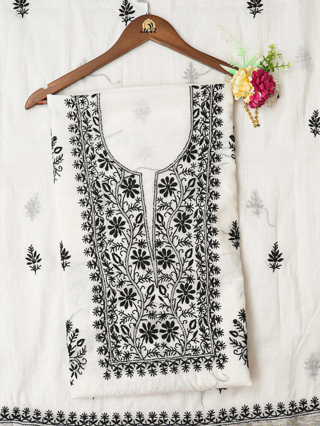 Ada Hand Embroidered White Chanderi Lucknowi Chikankari Unstitched Kurta Dupatta Set 01A789497