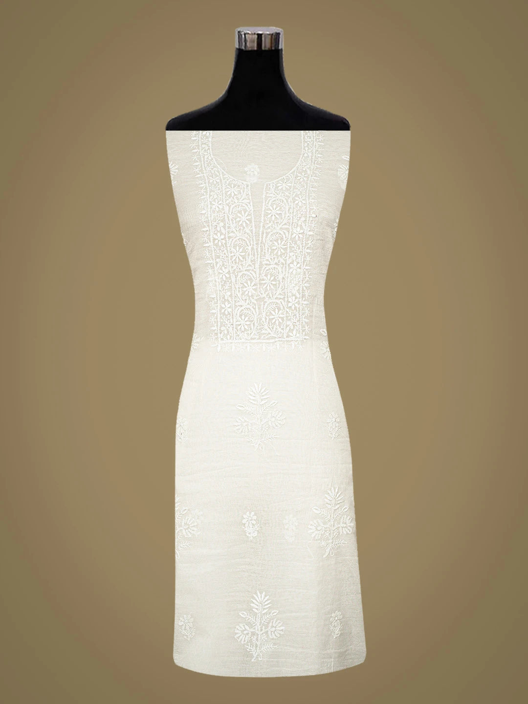 Ada Hand Embroidered White Chanderi Lucknowi Chikankari Unstitched Kurta Dupatta Set 01A789494