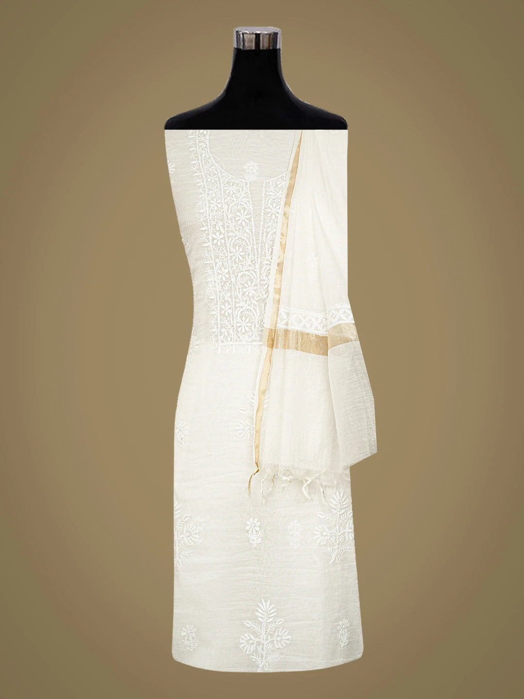 Ada Hand Embroidered White Chanderi Lucknowi Chikankari Unstitched Kurta Dupatta Set 01A789494