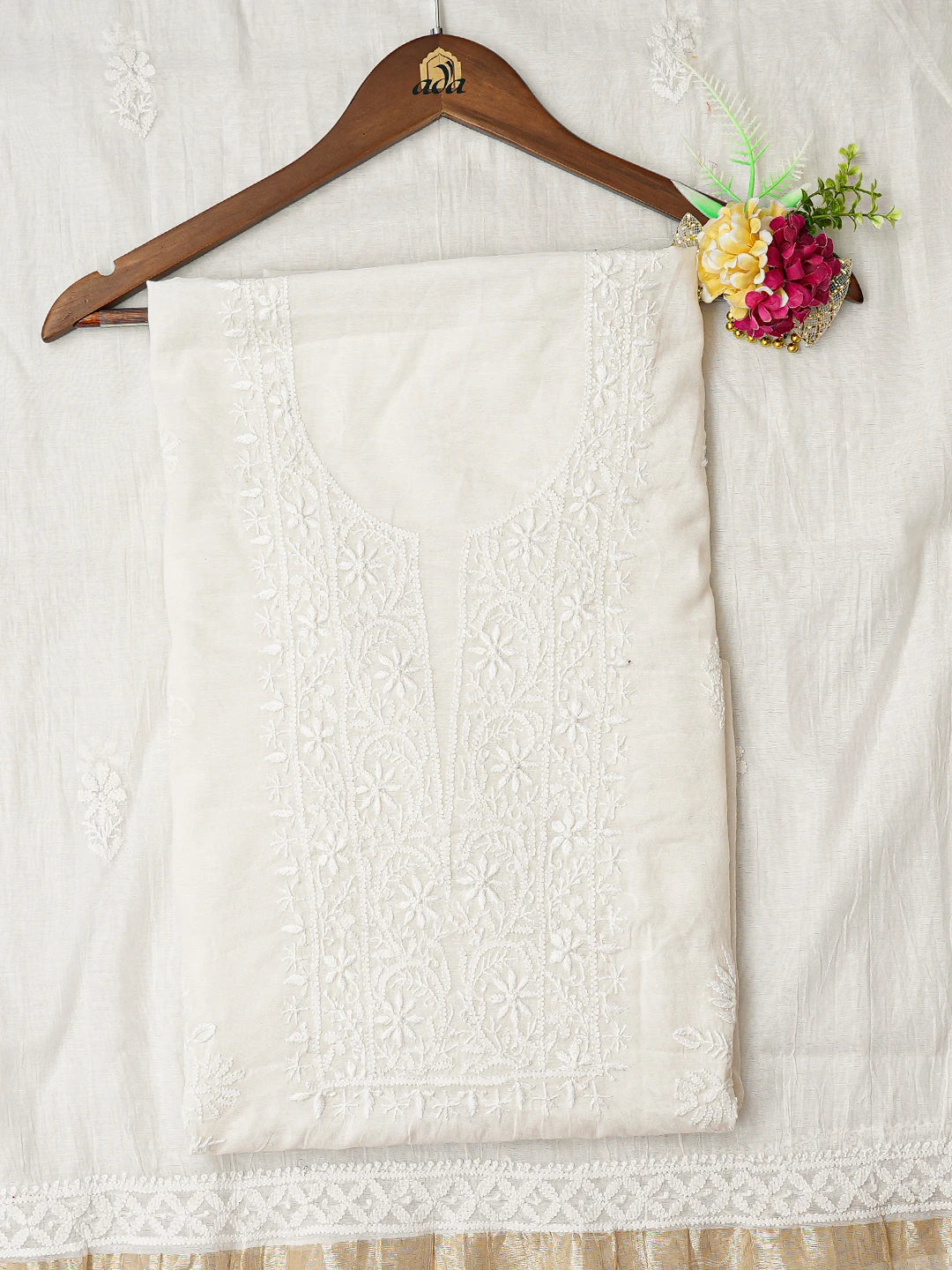 Ada Hand Embroidered White Chanderi Lucknowi Chikankari Unstitched Kurta Dupatta Set 01A789494