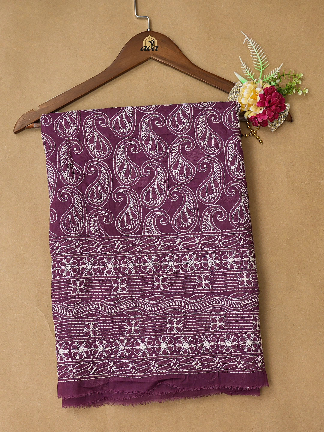 Ada Hand Embroidered Wine Cotton Lucknowi Chikankari Unstitched Kurta Piece 01A773065