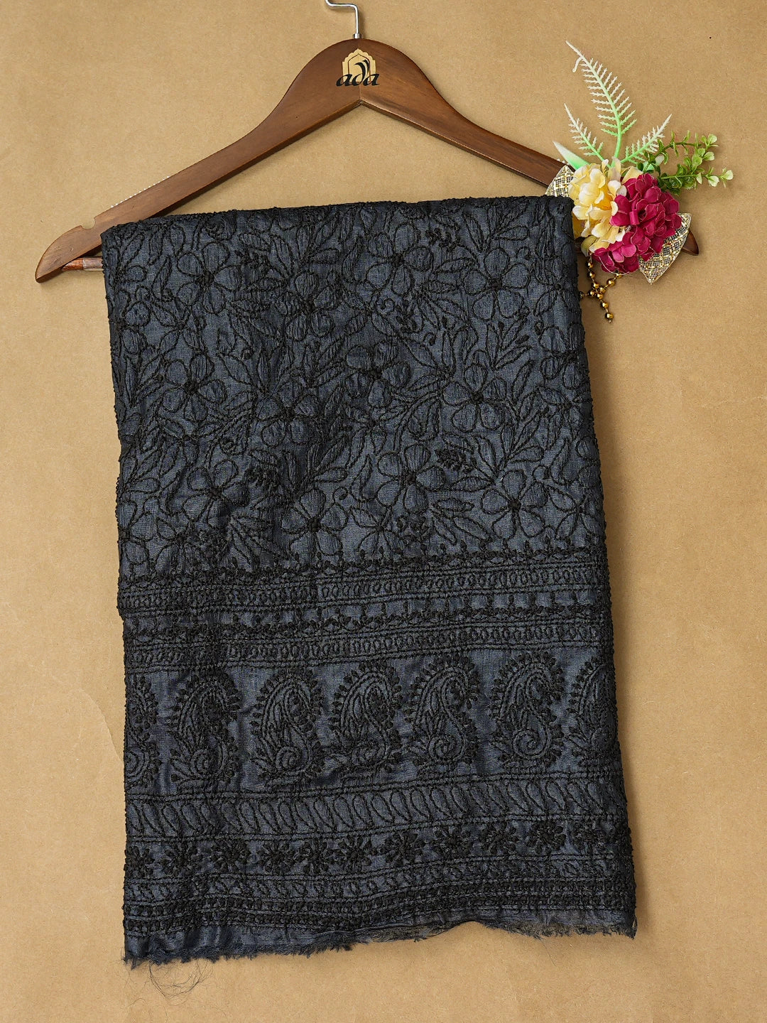 Ada Hand Embroidered Black Tussar Silk Lucknowi Chikankari Unstitched Kurta Piece 01A769168