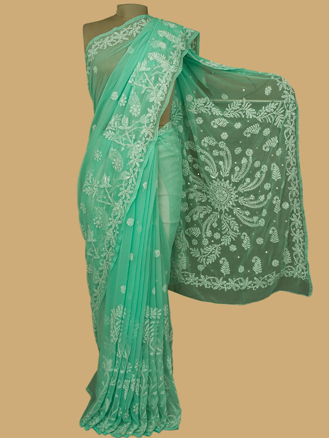 Ada Hand Embroidered Sea Green Faux Georgette Lucknowi Chikankari Saree With Blouse 01A475744