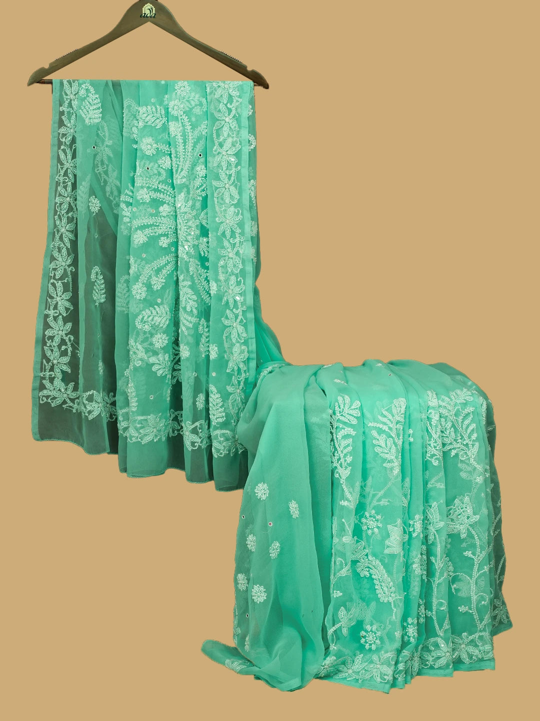 Ada Hand Embroidered Sea Green Faux Georgette Lucknowi Chikankari Saree With Blouse 01A475744