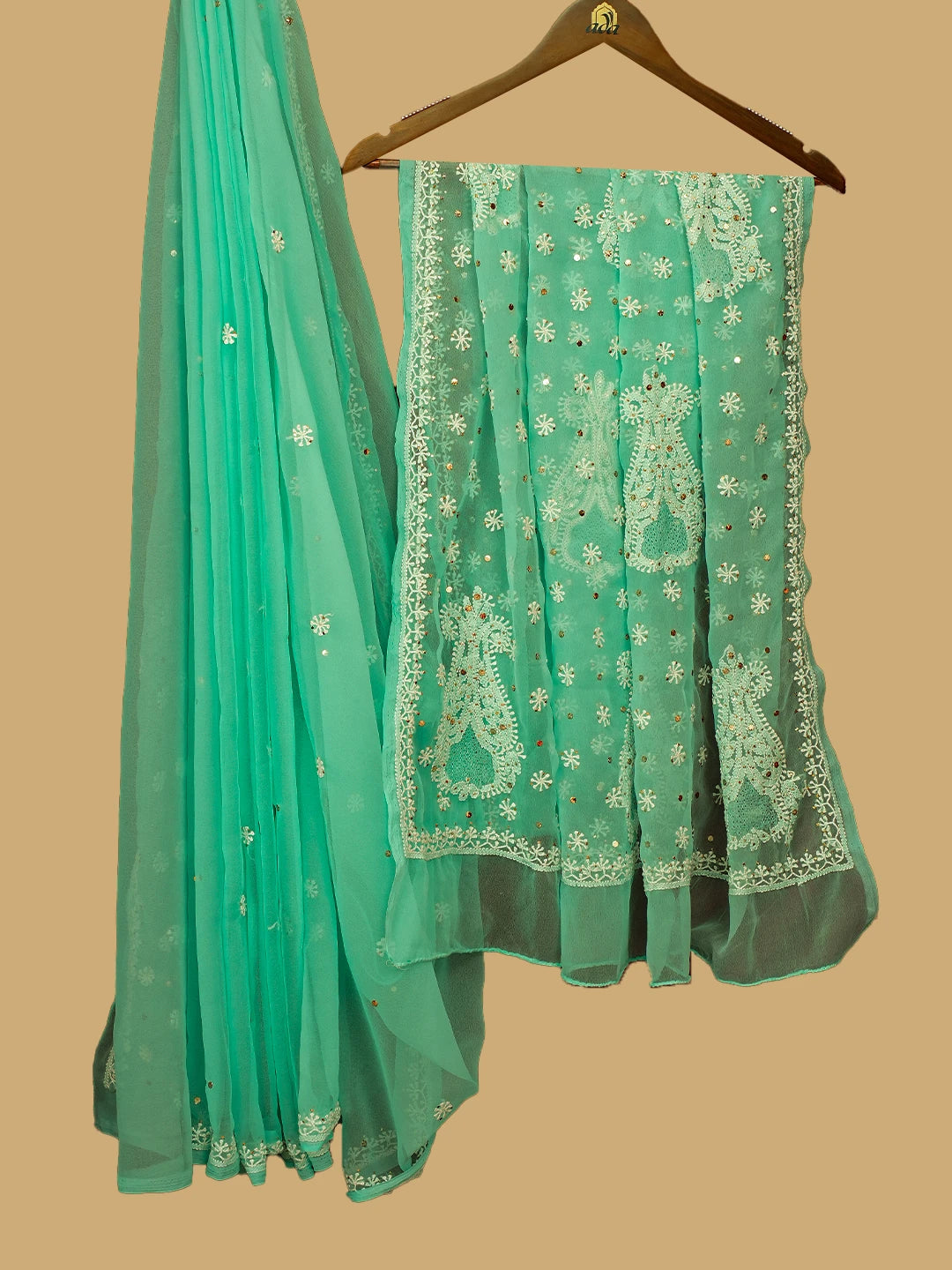 Ada Hand Embroidered Sea Green Faux Georgette Lucknowi Chikankari Saree With Blouse 01A475744
