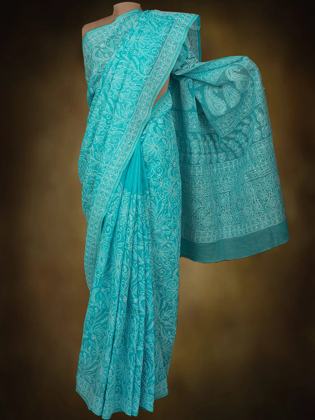 Ada Hand Embroidered Blue Cotton Lucknowi Chikankari Saree and Blouse 01A787669