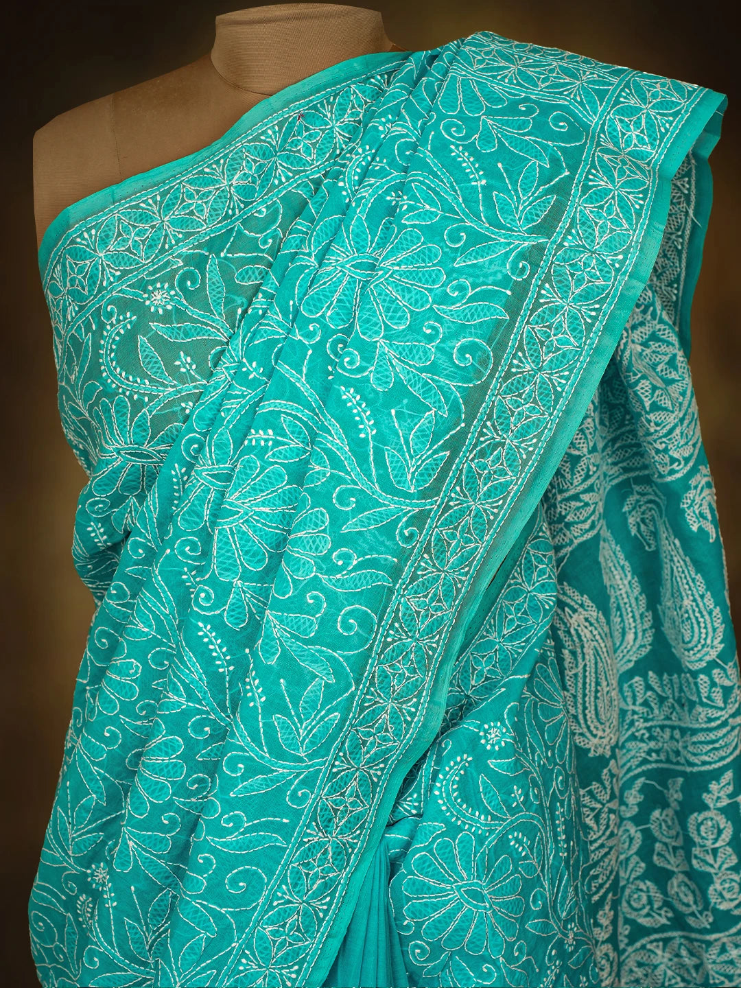 Ada Hand Embroidered Blue Cotton Lucknowi Chikankari Saree and Blouse 01A787669