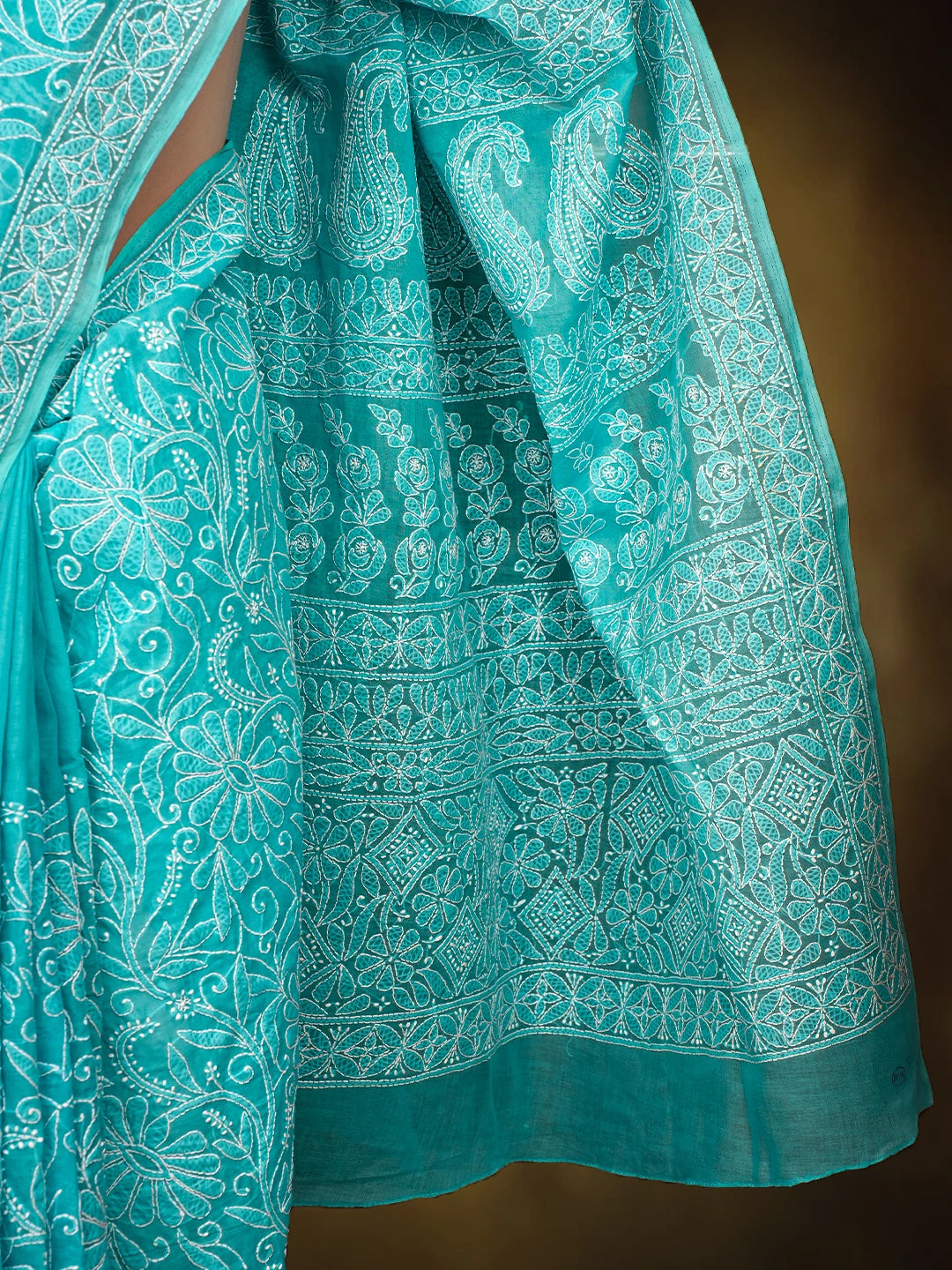 Ada Hand Embroidered Blue Cotton Lucknowi Chikankari Saree and Blouse 01A787669
