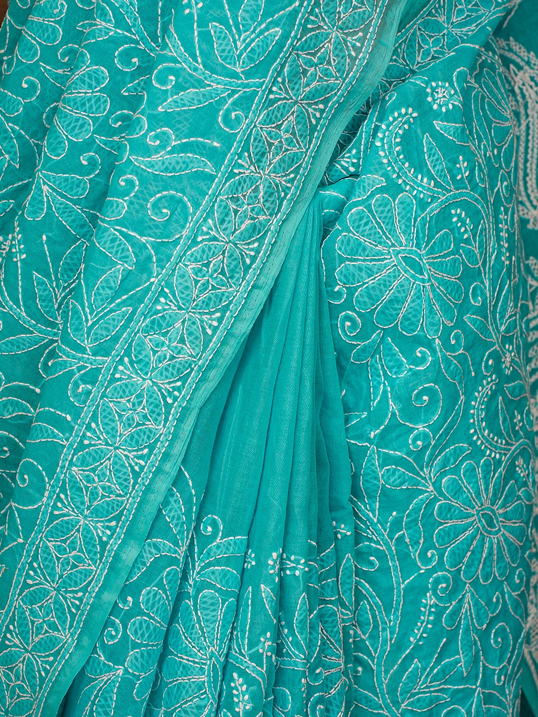Ada Hand Embroidered Blue Cotton Lucknowi Chikankari Saree and Blouse 01A787669
