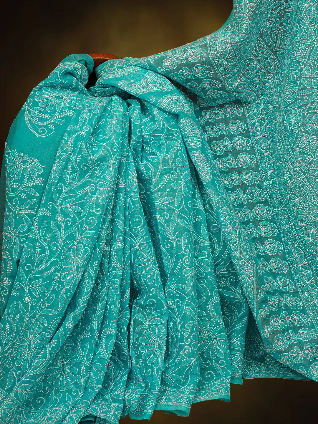Ada Hand Embroidered Blue Cotton Lucknowi Chikankari Saree and Blouse 01A787669