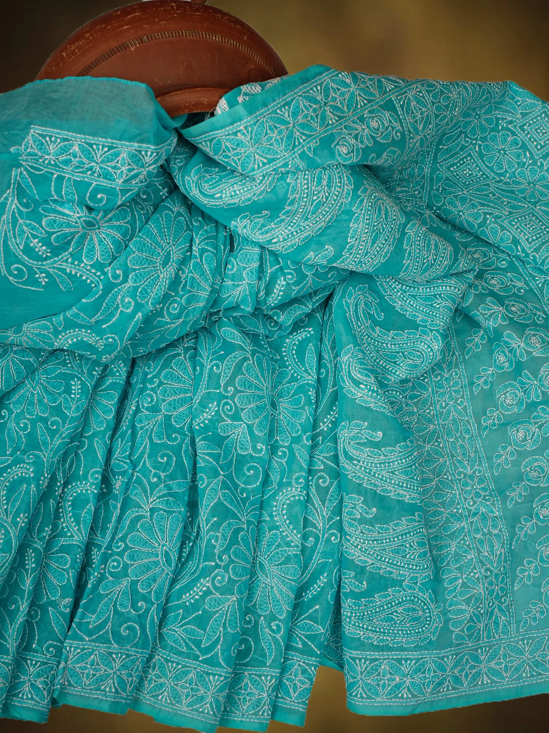 Ada Hand Embroidered Blue Cotton Lucknowi Chikankari Saree and Blouse 01A787669