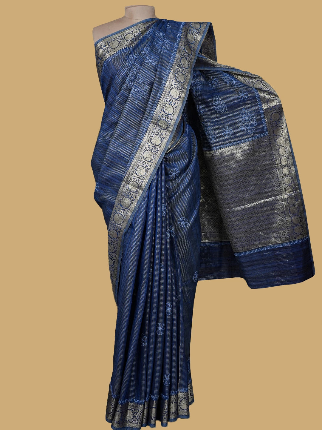 Ada Hand Embroidered Blue Chanderi Lucknowi Chikankari Saree With Blouse 01A757928